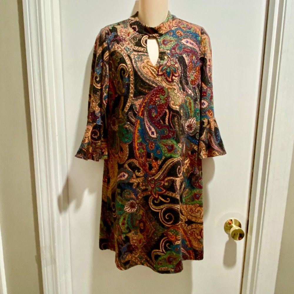 (4) Perceptions NY 60s Boho Paisley Floral Metallic Knit Ruffle S…
